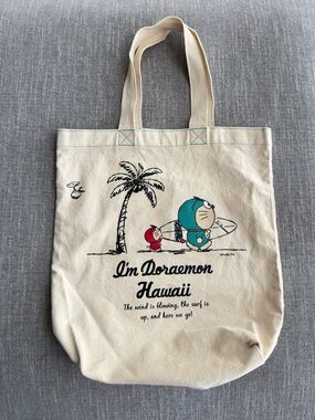 Doraemon Hawaii Canvas Tote Bag in Beige with Teal & Red Print